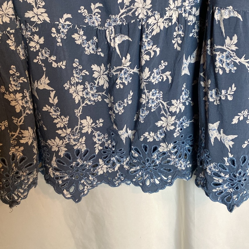 Loft Lace Eyelet Trim Flounce Swing Dress LP Cottagecore Blue White Floral Birds - Picture 5 of 12